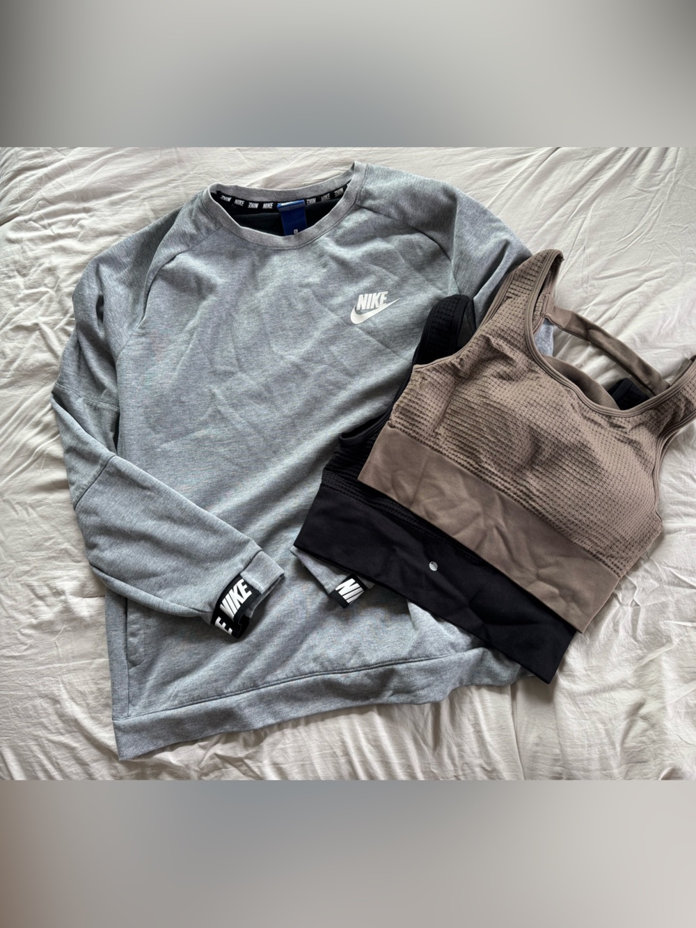 Nike Grey Crewneck Sweatshirt with Neutral Sports Bras BUNDLE